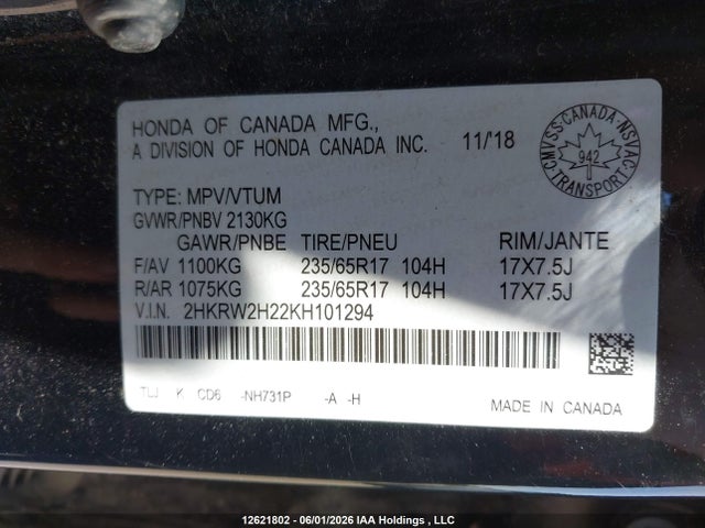 Honda CR-V LX 2019 2HKRW2H22KH101294 Image 9
