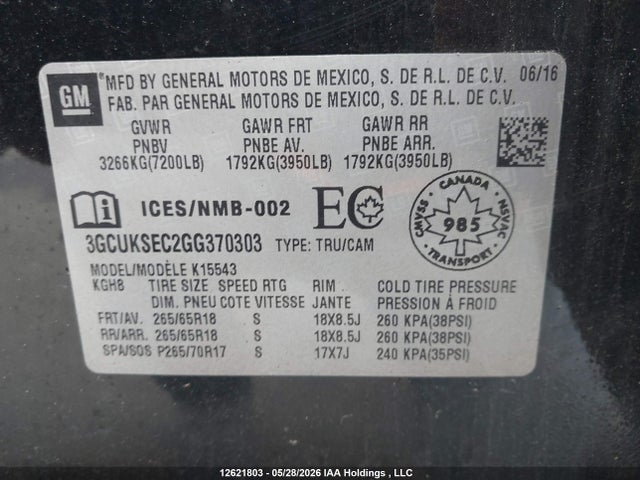 Aukcja sprzedaży 2016 Chevrolet Silverado 1500 2lz, vin: 3GCUKSEC2GG370303, numer aukcji: 12621803