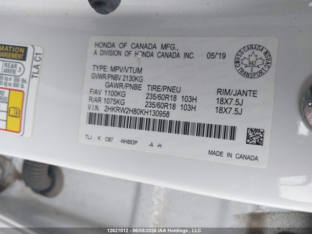 2019 Honda Cr-v Ex-l მანქანა იყიდება აუქციონზე, vin: 2HKRW2H80KH130958, აუქციონის ნომერი: 12621812