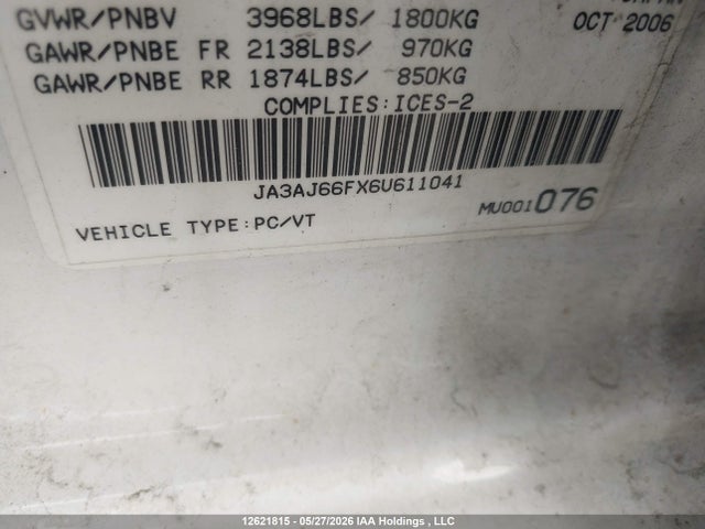 12621815 :رقم المزاد ، JA3AJ66FX6U611041 vin ، 2006 Mitsubishi Lancer Ralliart مزاد بيع
