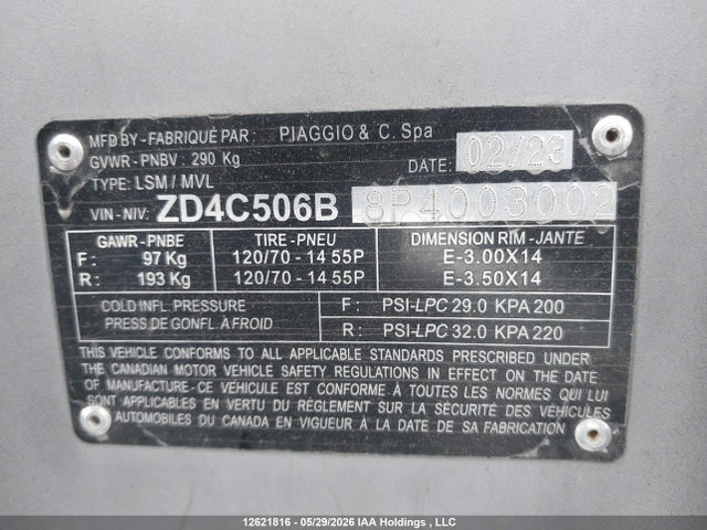 12621816 :رقم المزاد ، ZD4C506B8P4003002 vin ، 2023 Aprilia Sr Motard 50 مزاد بيع