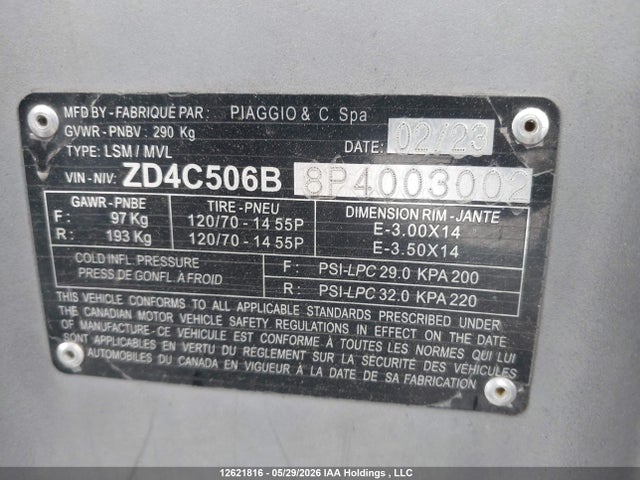 12621816 :رقم المزاد ، ZD4C506B8P4003002 vin ، 2023 Aprilia Sr Motard 50 مزاد بيع