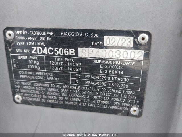 12621816 :رقم المزاد ، ZD4C506B8P4003002 vin ، 2023 Aprilia Sr Motard 50 مزاد بيع