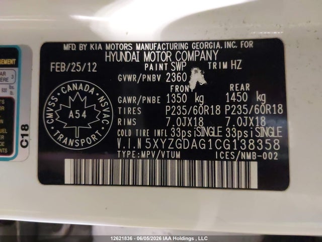 Продаж на аукціоні авто 2012 Hyundai Santa Fe, vin: 5XYZGDAG1CG138358, номер лоту: 12621836