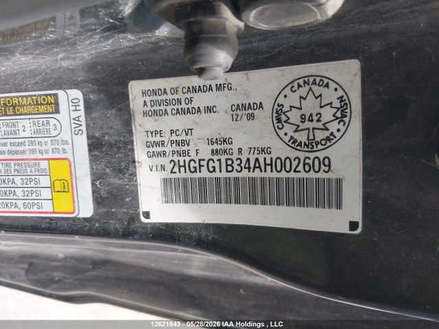 Продаж на аукціоні авто 2010 Honda Civic, vin: 2HGFG1B34AH002609, номер лоту: 12621843