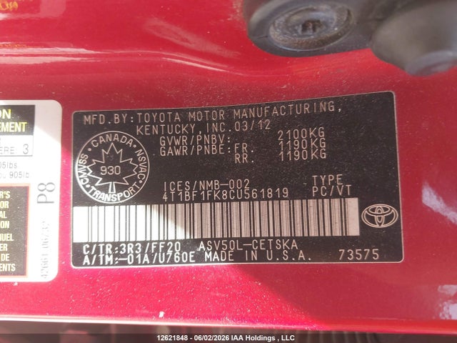 Aukcja sprzedaży 2012 Toyota Camry Se/le/xle, vin: 4T1BF1FK8CU561819, numer aukcji: 12621848