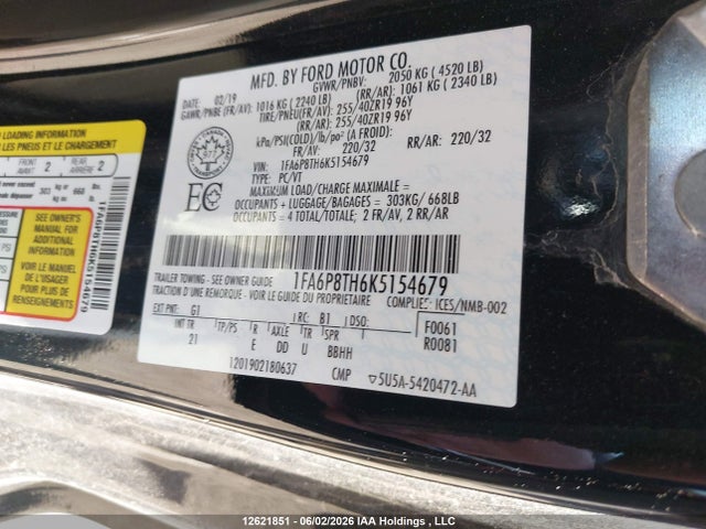 Продаж на аукціоні авто 2019 Ford Mustang Ecoboost, vin: 1FA6P8TH6K5154679, номер лоту: 12621851