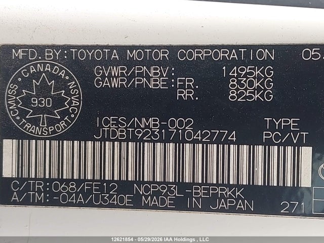 12621854 :رقم المزاد ، JTDBT923171042774 vin ، 2007 Toyota Yaris مزاد بيع