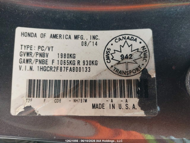 1HGCR2F87FA800133 Honda Accord Ex-l