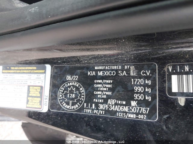 12621859 :رقم المزاد ، 3KPF34AD6NE507767 vin ، 2022 Kia Forte Gt Line مزاد بيع