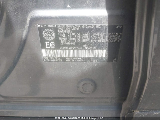 12621864 :رقم المزاد ، 2T3ZFREV8FW142633 vin ، 2015 Toyota Rav4 Le مزاد بيع