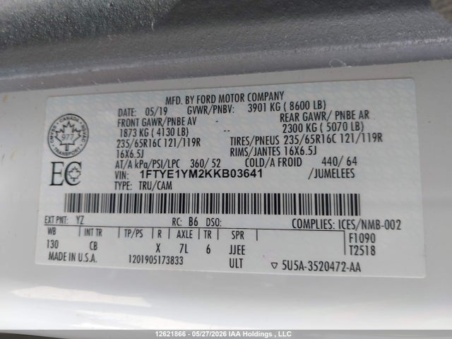 Auction sale of the 2019 Ford Transit T-150, vin: 1FTYE1YM2KKB03641, lot number: 12621866