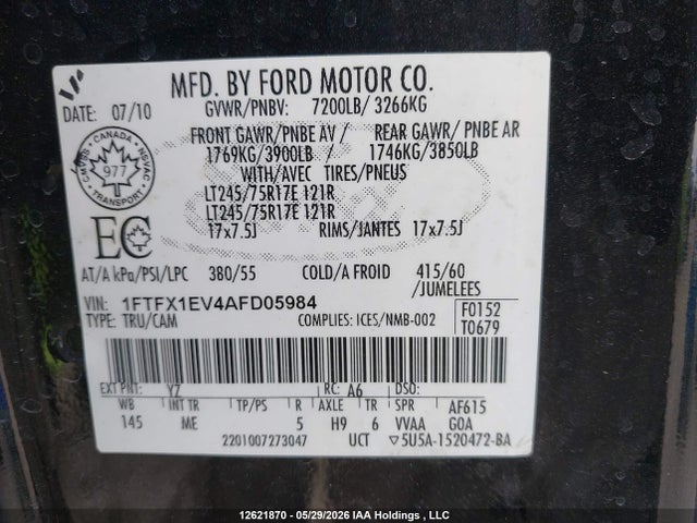 12621870 :رقم المزاد ، 1FTFX1EV4AFD05984 vin ، 2010 Ford F-150 Fx4/lariat/svt Raptor/xl/xlt مزاد بيع