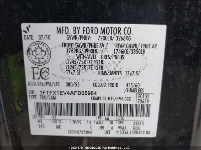 12621870 :رقم المزاد ، 1FTFX1EV4AFD05984 vin ، 2010 Ford F-150 Fx4/lariat/svt Raptor/xl/xlt مزاد بيع