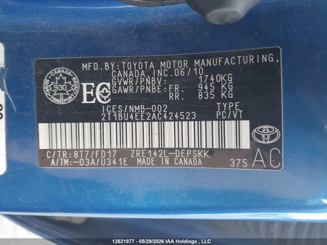 2010 Toyota Corolla S მანქანა იყიდება აუქციონზე, vin: 2T1BU4EE2AC424523, აუქციონის ნომერი: 12621877