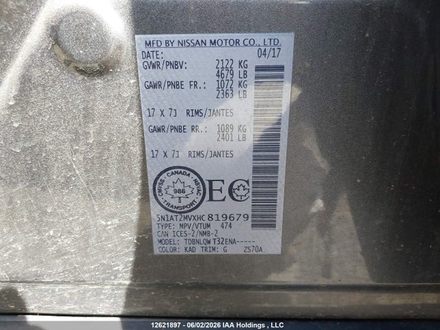 Продаж на аукціоні авто 2017 Nissan Rogue S/sl Platinum/sv, vin: 5N1AT2MVXHC819679, номер лоту: 12621897