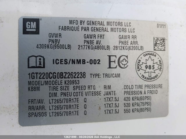 Aukcja sprzedaży 2011 Gmc Sierra K2500 Sle, vin: 1GT220CG0BZ262238, numer aukcji: 12621899