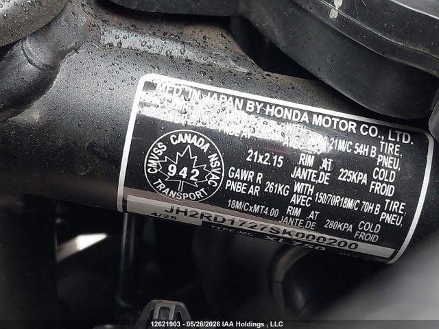 2025 Honda Xl750 მანქანა იყიდება აუქციონზე, vin: JH2RD1727SK000200, აუქციონის ნომერი: 12621903