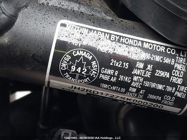 2025 Honda Xl750 მანქანა იყიდება აუქციონზე, vin: JH2RD1727SK000200, აუქციონის ნომერი: 12621903