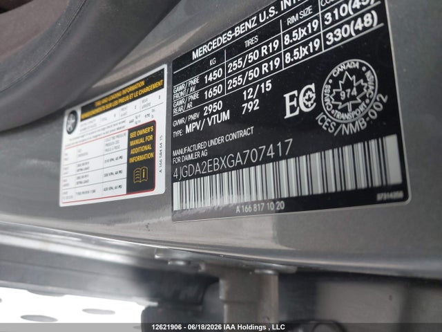 12621906 :رقم المزاد ، 4JGDA2EBXGA707417 vin ، 2016 Mercedes-benz Gle 350d 4matic مزاد بيع