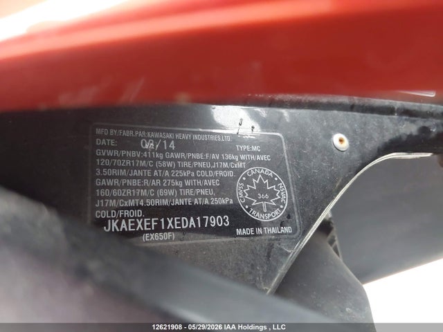 2014 Kawasaki Ex650 F მანქანა იყიდება აუქციონზე, vin: JKAEXEF1XEDA17903, აუქციონის ნომერი: 12621908