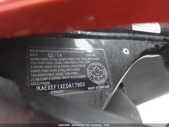 2014 Kawasaki Ex650 F მანქანა იყიდება აუქციონზე, vin: JKAEXEF1XEDA17903, აუქციონის ნომერი: 12621908