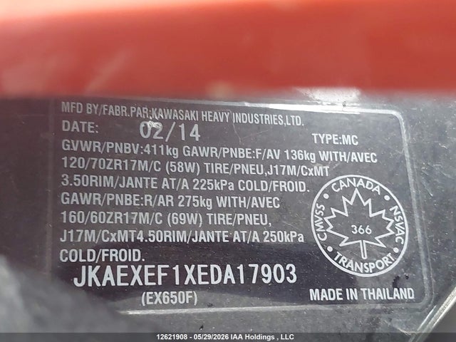 2014 Kawasaki Ex650 F მანქანა იყიდება აუქციონზე, vin: JKAEXEF1XEDA17903, აუქციონის ნომერი: 12621908