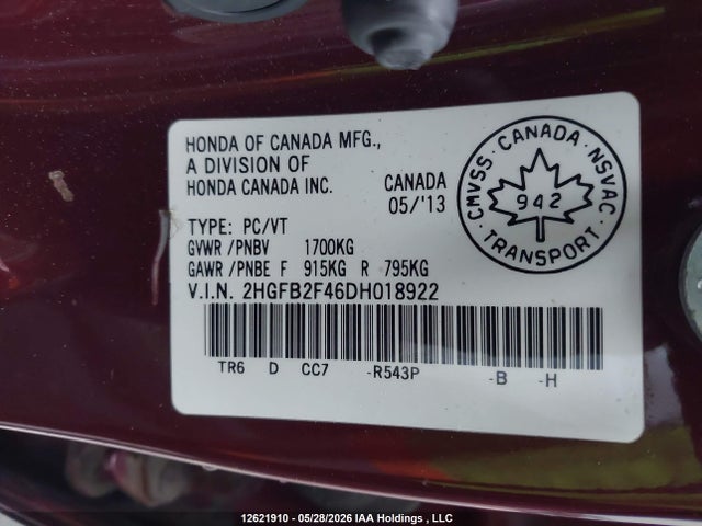 2013 Honda Civic Lx მანქანა იყიდება აუქციონზე, vin: 2HGFB2F46DH018922, აუქციონის ნომერი: 12621910