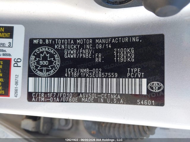 2014 Toyota Camry Le მანქანა იყიდება აუქციონზე, vin: 4T1BF1FK5EU857559, აუქციონის ნომერი: 12621922