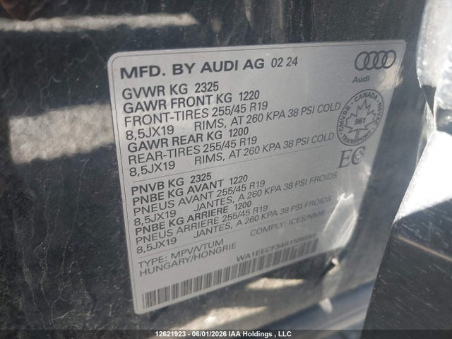 12621923 :رقم المزاد ، WA1EECF34R1105555 vin ، 2024 Audi Q3 مزاد بيع