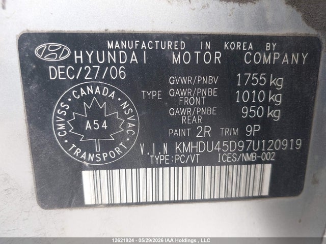 Aukcja sprzedaży 2007 Hyundai Elantra, vin: KMHDU45D97U120919, numer aukcji: 12621924
