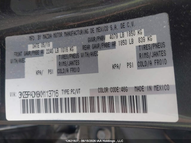 Продаж на аукціоні авто 2019 Mazda 3 Preferred, vin: 3MZBPADM8KM113716, номер лоту: 12621927