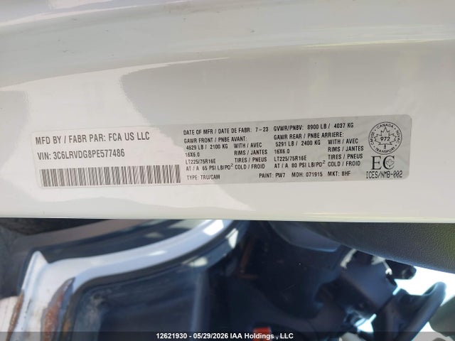 12621930 :رقم المزاد ، 3C6LRVDG8PE577486 vin ، 2023 Ram Promaster 2500 2500 High مزاد بيع