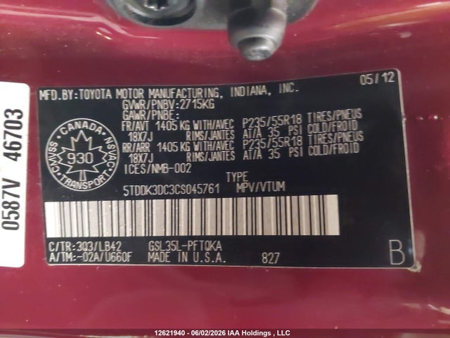 12621940 :رقم المزاد ، 5TDDK3DC3CS045761 vin ، 2012 Toyota Sienna Xle/limited مزاد بيع