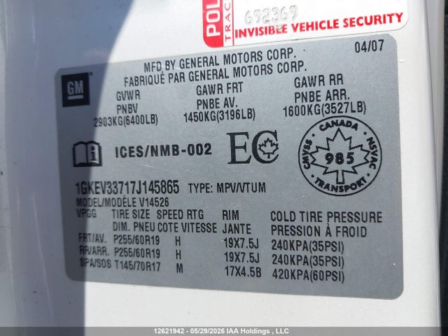 2007 Gmc Acadia Slt-2 მანქანა იყიდება აუქციონზე, vin: 1GKEV33717J145865, აუქციონის ნომერი: 12621942