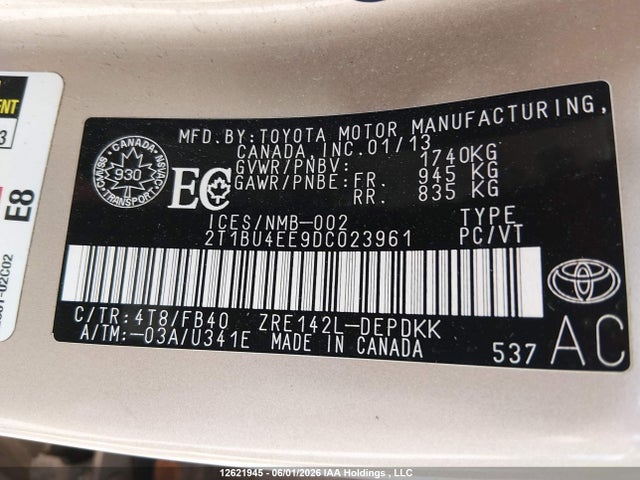 12621945 :رقم المزاد ، 2T1BU4EE9DC023961 vin ، 2013 Toyota Corolla S/le مزاد بيع