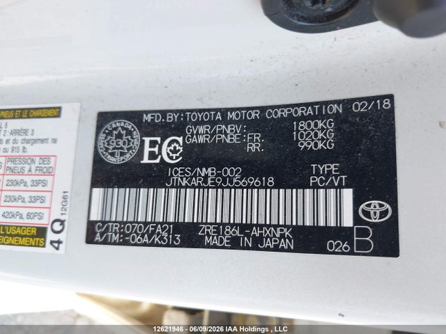 12621946 :رقم المزاد ، JTNKARJE9JJ569618 vin ، 2018 Toyota Corolla Im مزاد بيع