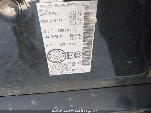 Aukcja sprzedaży 2019 Nissan Rogue S/sl/sv, vin: 5N1AT2MV0KC707092, numer aukcji: 12621948
