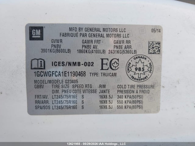 Aukcja sprzedaży 2014 Chevrolet Express G2500, vin: 1GCWGFCA1E1190468, numer aukcji: 12621955