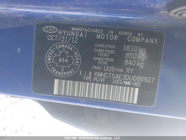 12621960 :رقم المزاد ، KMHCT5AE3DU086927 vin ، 2013 Hyundai Accent Gl مزاد بيع