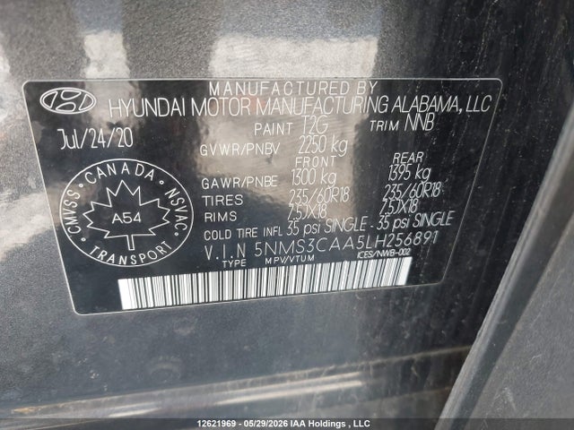 12621969 :رقم المزاد ، 5NMS3CAA5LH256891 vin ، 2020 Hyundai Santa Fe Sel/sel Plus مزاد بيع