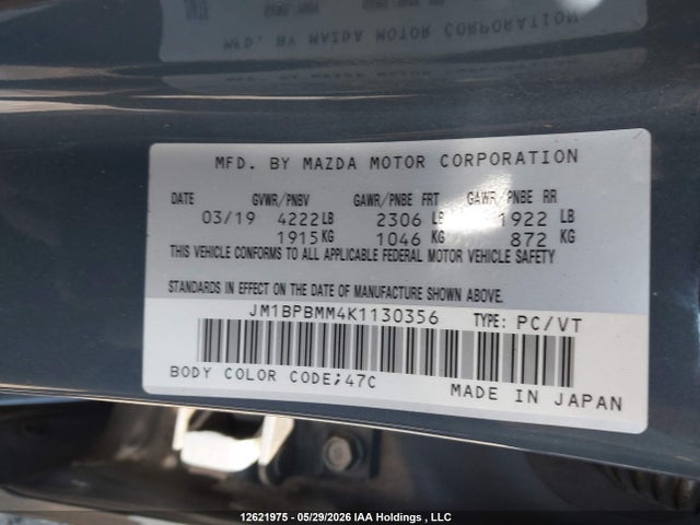 Продаж на аукціоні авто 2019 Mazda 3 Preferred, vin: JM1BPBMM4K1130356, номер лоту: 12621975
