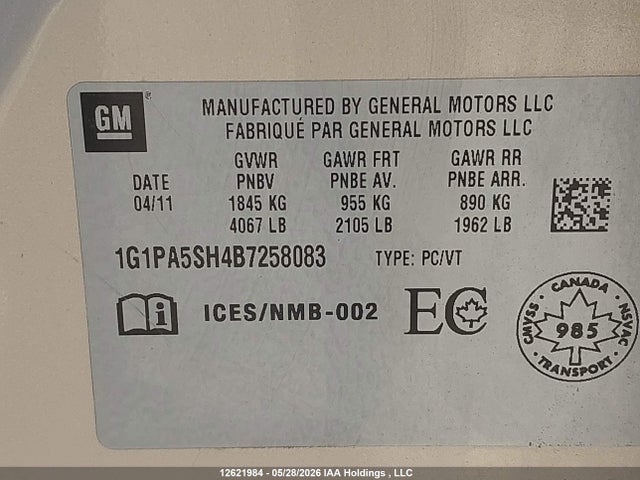 12621984 :رقم المزاد ، 1G1PA5SH4B7258083 vin ، 2011 Chevrolet Cruze Ls مزاد بيع