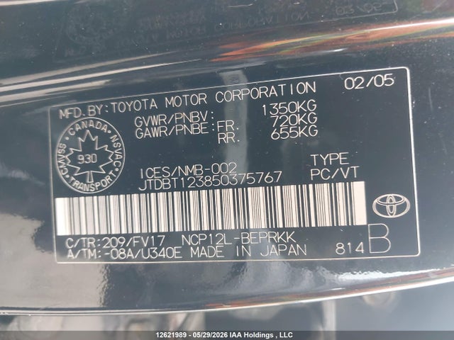 12621989 :رقم المزاد ، JTDBT123850375767 vin ، 2005 Toyota Echo مزاد بيع