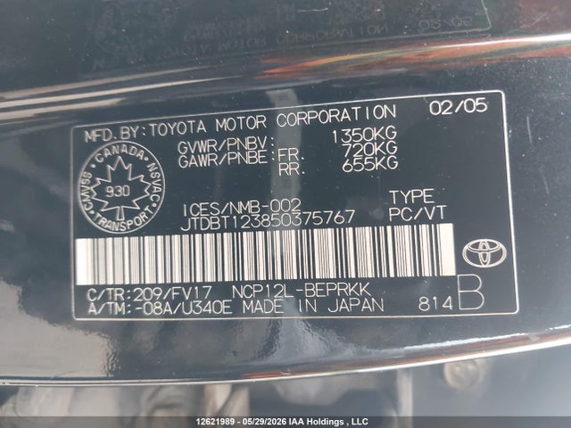12621989 :رقم المزاد ، JTDBT123850375767 vin ، 2005 Toyota Echo مزاد بيع
