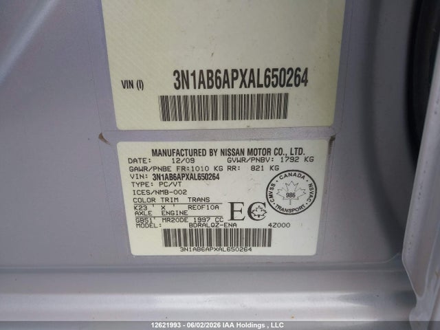 Продажа на аукционе авто 2010 Nissan Sentra 2.0/2.0s/sr/2.0sl, vin: 3N1AB6APXAL650264, номер лота: 12621993