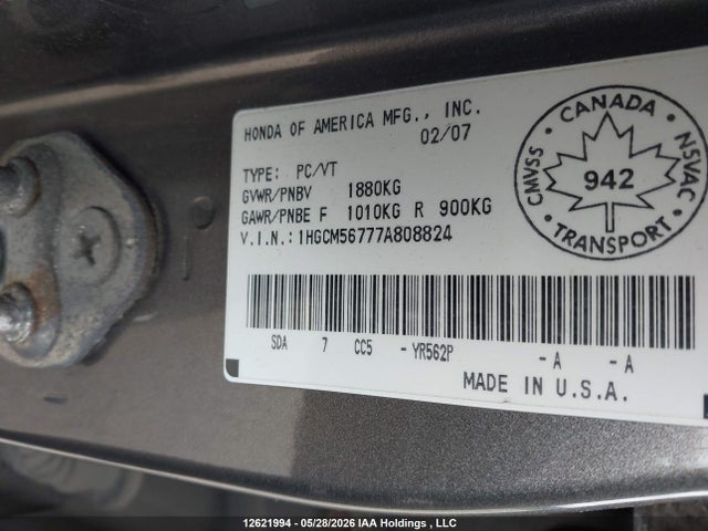 Продаж на аукціоні авто 2007 Honda Accord, vin: 1HGCM56777A808824, номер лоту: 12621994