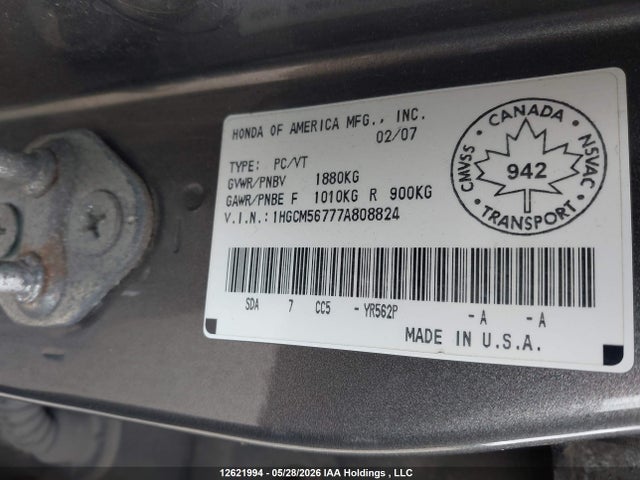Продаж на аукціоні авто 2007 Honda Accord, vin: 1HGCM56777A808824, номер лоту: 12621994