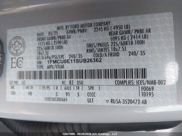 Auction sale of the 2025 Ford Escape, vin: 1FMCU0E11SUB26362, lot number: 12621999