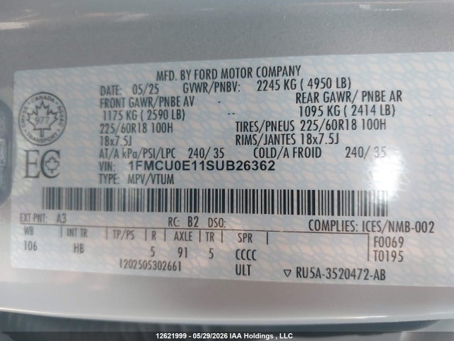 Auction sale of the 2025 Ford Escape, vin: 1FMCU0E11SUB26362, lot number: 12621999
